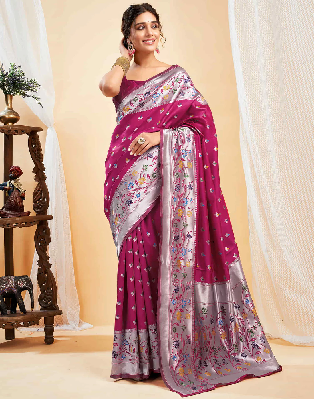 Mysaree Jacquard Saree — Rosy Bloom Elegance