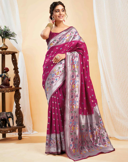 Mysaree Jacquard Saree — Rosy Bloom Elegance