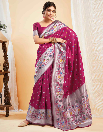 Mysaree Jacquard Saree — Rosy Bloom Elegance