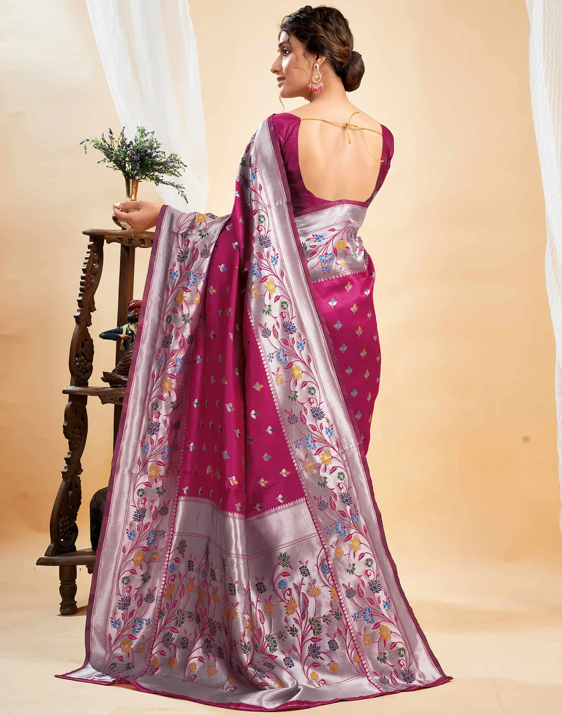 Mysaree Jacquard Saree — Rosy Bloom Elegance