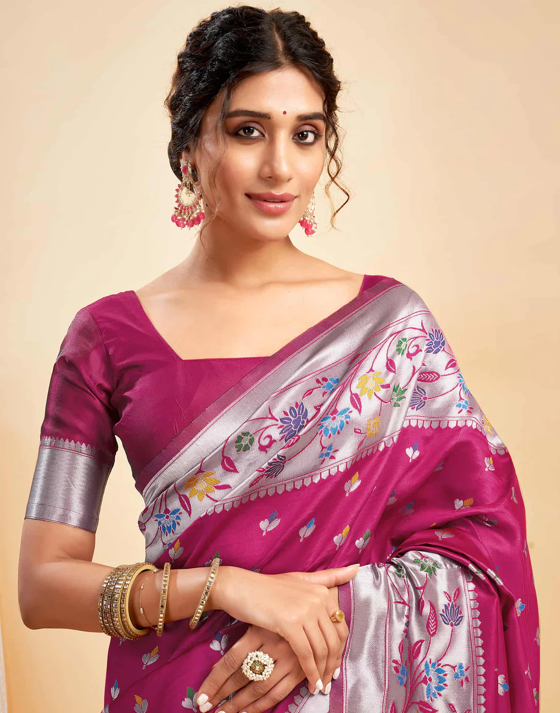 Mysaree Jacquard Saree — Rosy Bloom Elegance