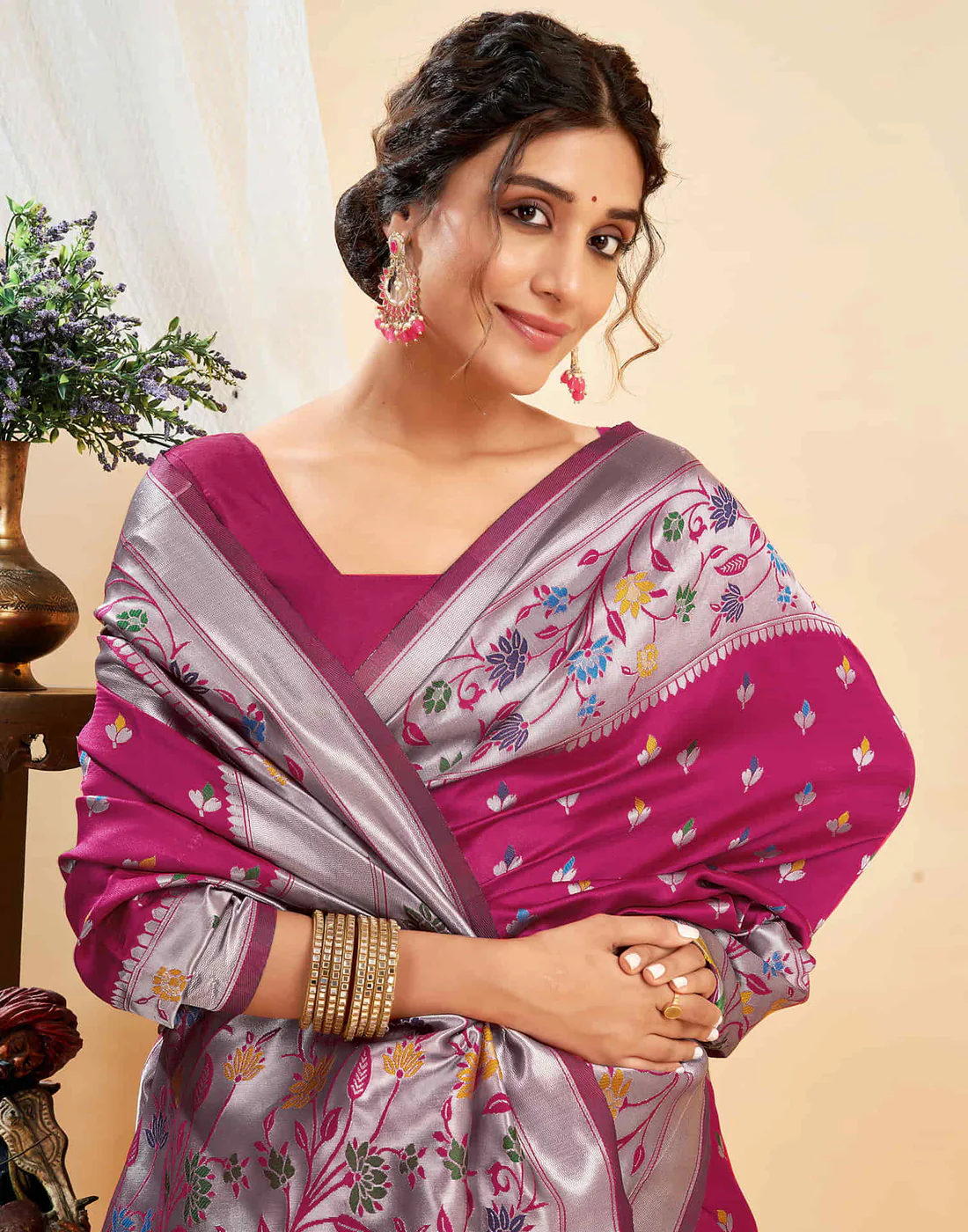 Mysaree Jacquard Saree — Rosy Bloom Elegance