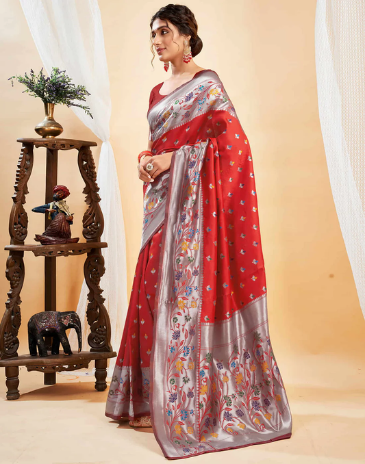 Mysaree Jacquard Saree — Scarlet Bloom Elegance