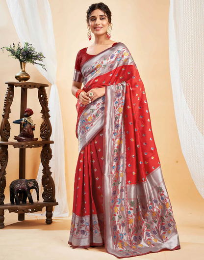 Mysaree Jacquard Saree — Scarlet Bloom Elegance