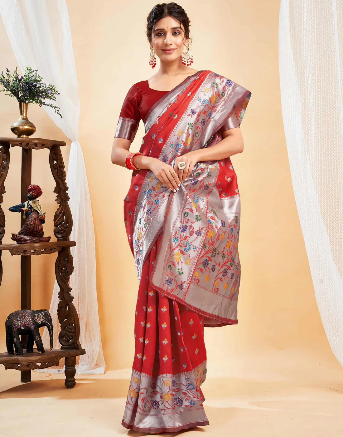 Mysaree Jacquard Saree — Scarlet Bloom Elegance