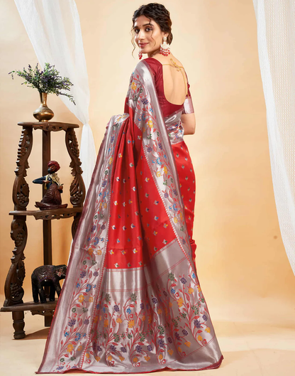 Mysaree Jacquard Saree — Scarlet Bloom Elegance