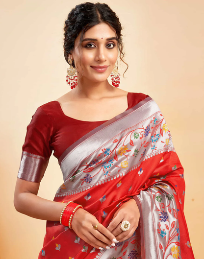 Mysaree Jacquard Saree — Scarlet Bloom Elegance