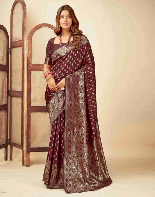 MySaree Royal Blue Jacquard Saree – Silver Zari Butti & Floral Weave
