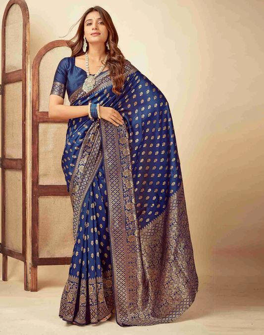 MySaree Royal Blue Jacquard Saree – Silver Zari Butti & Floral Weave