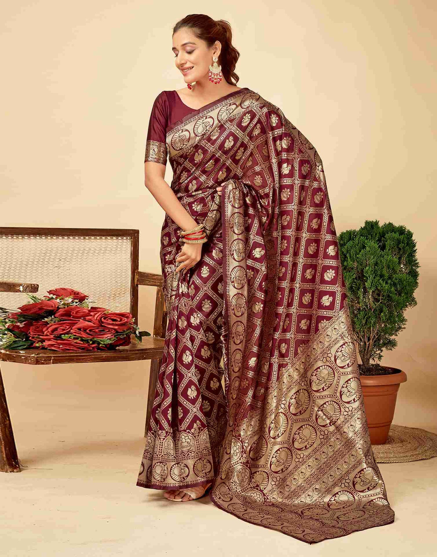 MySaree Radiant Rani Pink Jacquard Saree – Golden Zari Heritage Weave