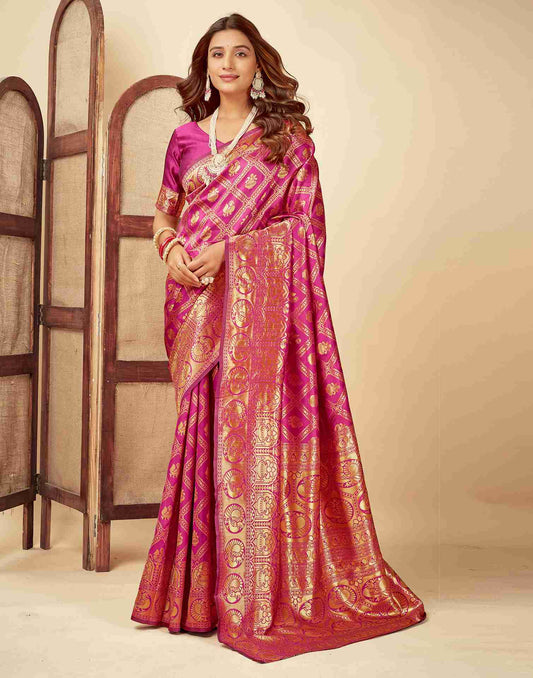 MySaree Radiant Rani Pink Jacquard Saree – Golden Zari Heritage Weave