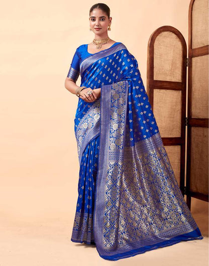 MySaree Royal Blue Jacquard Saree – Silver Zari Butti & Floral Weave