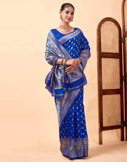 MySaree Royal Blue Jacquard Saree – Silver Zari Butti & Floral Weave