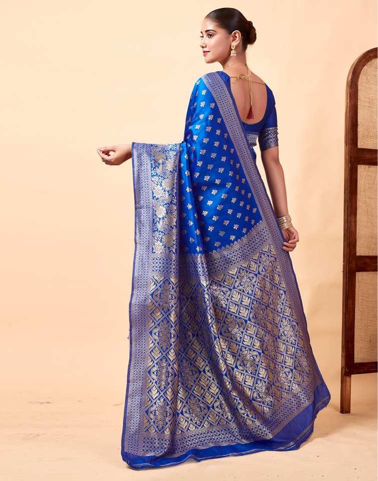 MySaree Royal Blue Jacquard Saree – Silver Zari Butti & Floral Weave