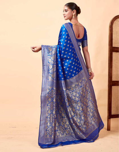 MySaree Royal Blue Jacquard Saree – Silver Zari Butti & Floral Weave