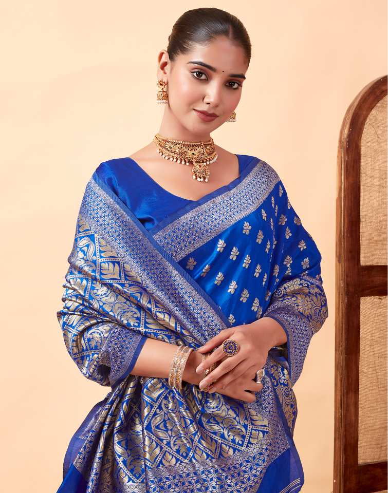 MySaree Royal Blue Jacquard Saree – Silver Zari Butti & Floral Weave