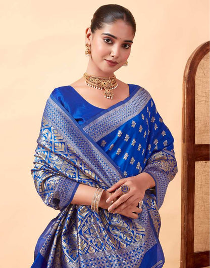 MySaree Royal Blue Jacquard Saree – Silver Zari Butti & Floral Weave