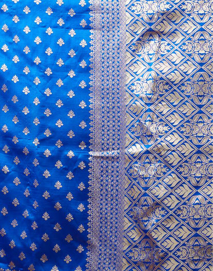 MySaree Royal Blue Jacquard Saree – Silver Zari Butti & Floral Weave