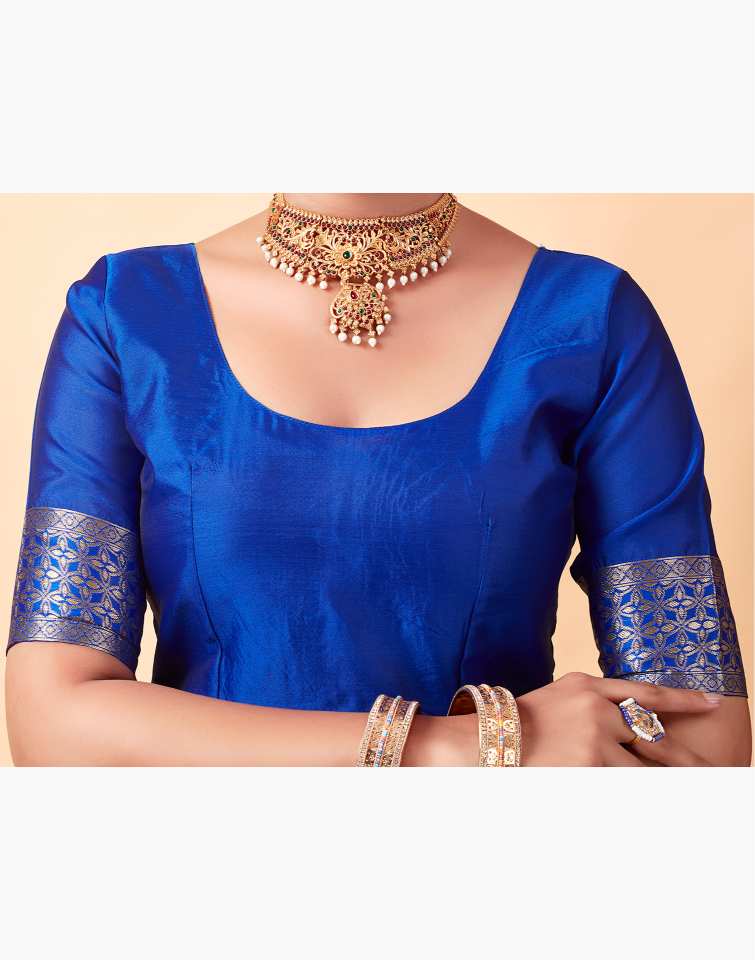 MySaree Royal Blue Jacquard Saree – Silver Zari Butti & Floral Weave