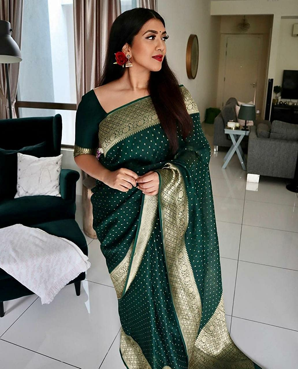 MySaree Soft Lichi Silk Jacquard Saree with Rich Pallu & Unstitched Blouse