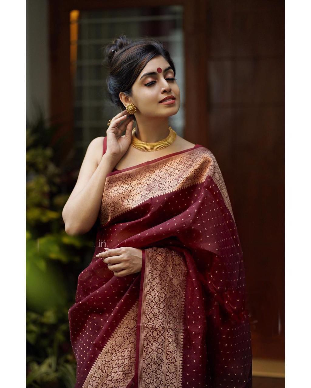 MySaree Soft Lichi Silk Jacquard Saree with Rich Pallu & Unstitched Blouse