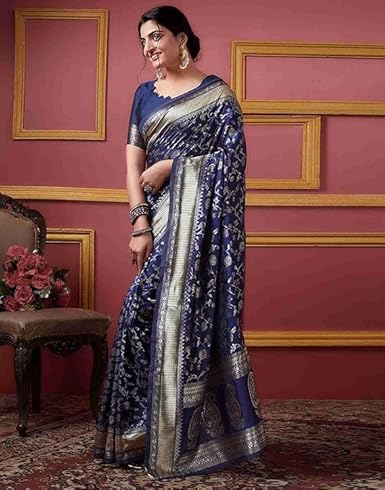 Mysaree Silk Saree — Royal Indigo Floral Zari Elegance