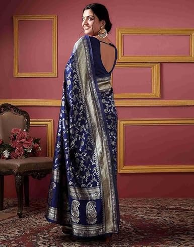 Mysaree Silk Saree — Royal Indigo Floral Zari Elegance