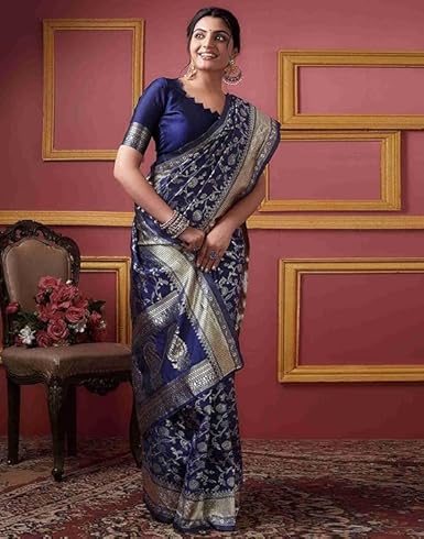 Mysaree Silk Saree — Royal Indigo Floral Zari Elegance