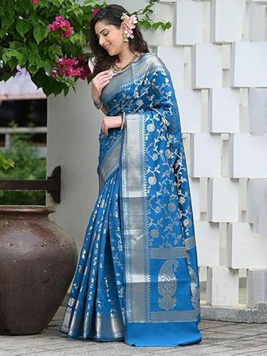 Mysaree Silk Saree — Azure Floral Zari Elegance